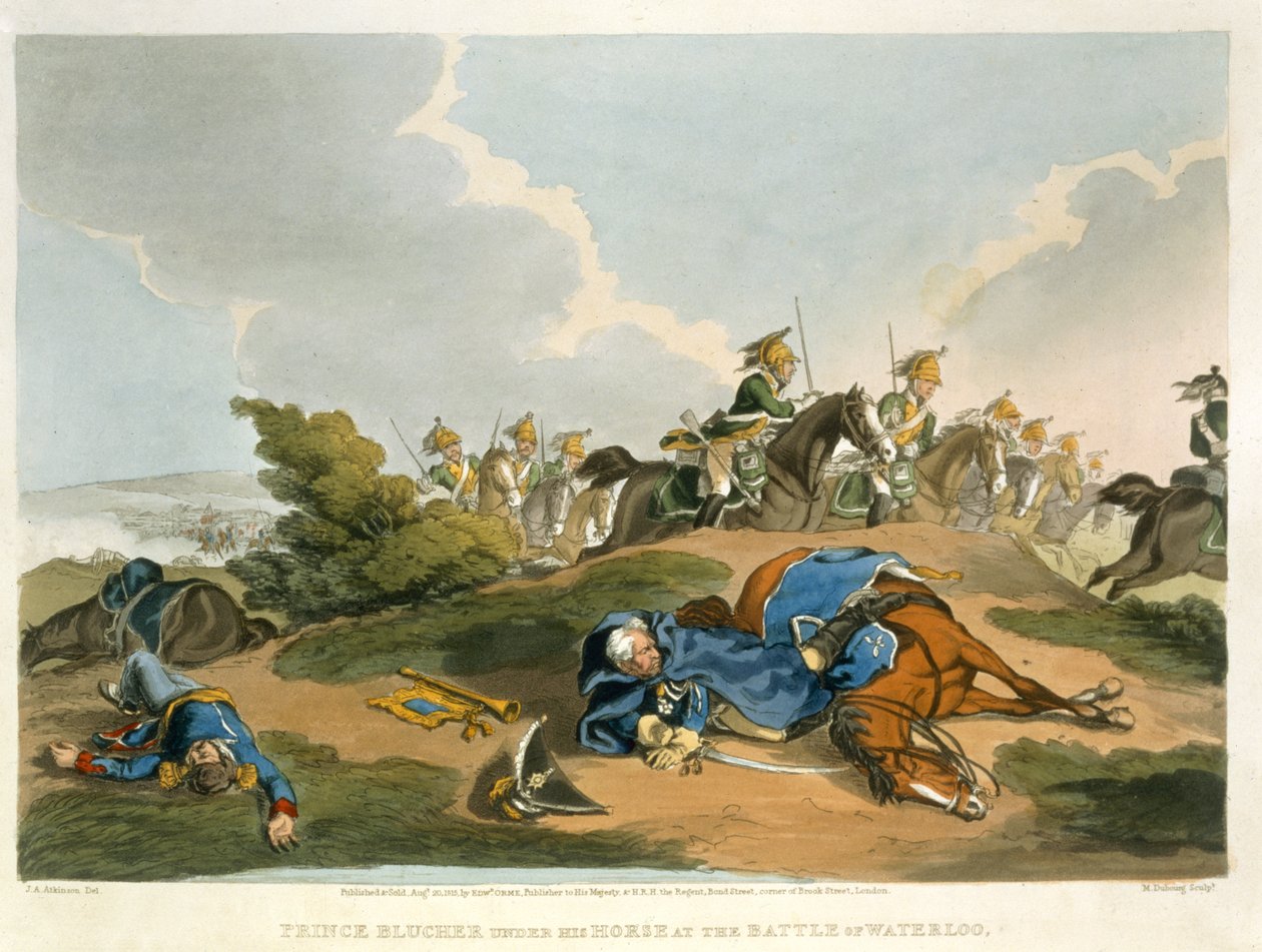 Prinssi Blucher hevosensa alla Waterloon taistelussa, kaivertanut Matthew Dubourg (fl.1813-20) pubista Historic, Military and Naval Anekdootit. kirjoittanut Edward Orme (1774-n. 1820) 1815 (akvatinta) tekijältä John Augustus Atkinson