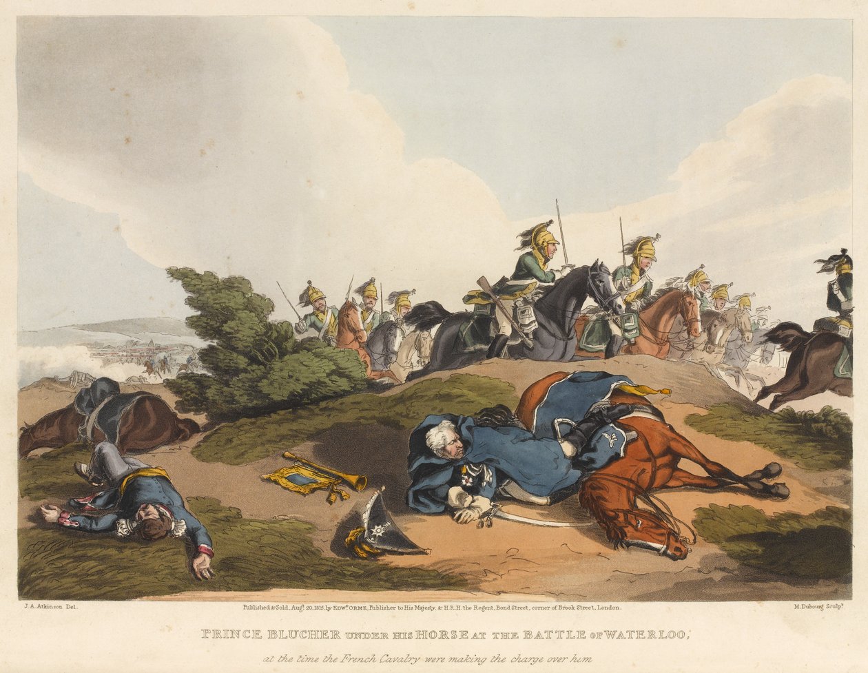 Prinssi Blucher hevosensa alla Waterloon taistelussa, kun ranskalainen ratsuväki hyökkäsi häneen, kaiverrettu M. Dubourg, 1819 (värinen akvatinta) tekijältä John Augustus Atkinson