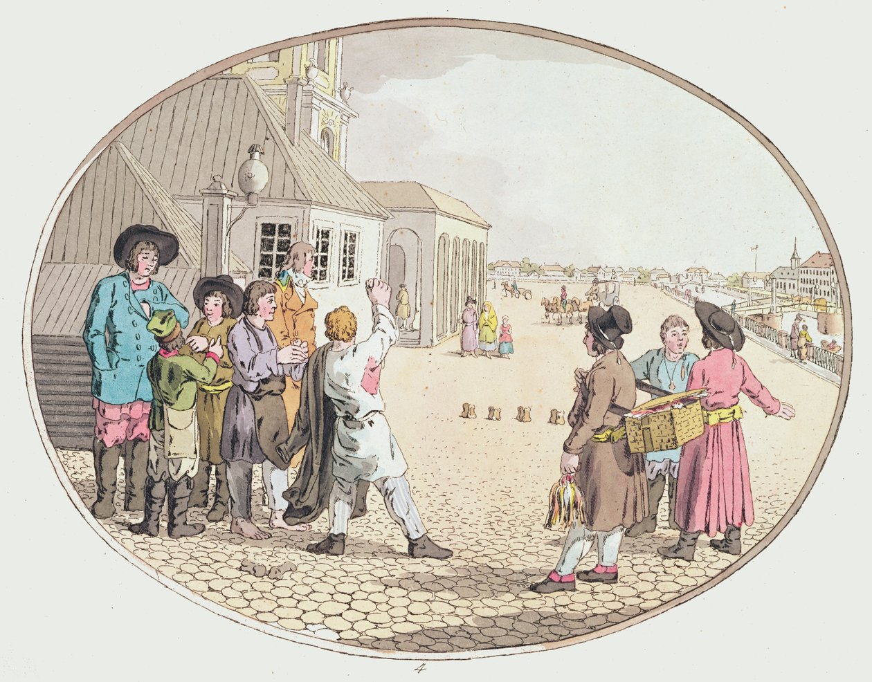 Venäläinen kyläkohtaus, 1800-luvun alku (käsinvärinen etsaus) tekijältä John Augustus Atkinson
