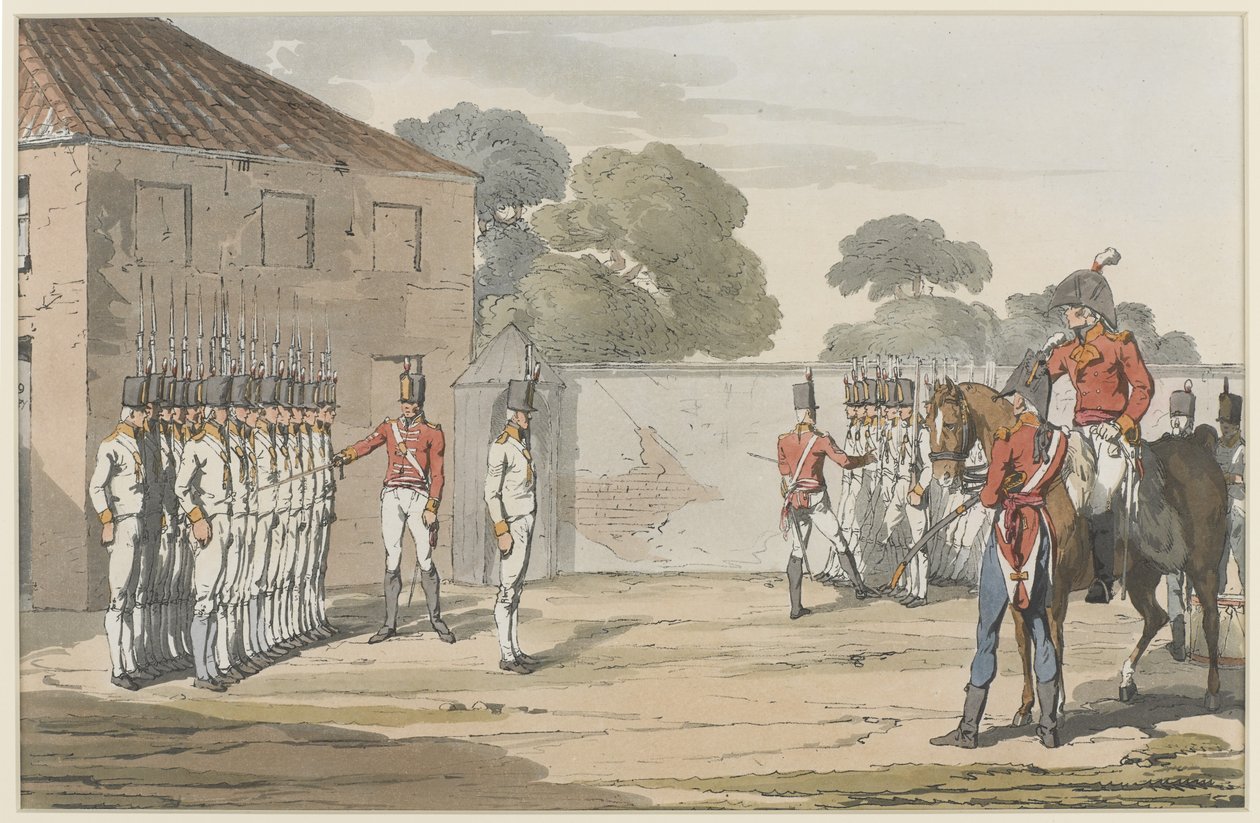 Soldiers Drilling, 1807 (värillinen akvatinta pehmeällä pohjamaalauksella) tekijältä John Augustus Atkinson