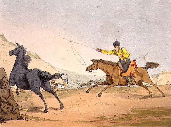 Tataarit pyydystävät hevosia, taiteilijan kaivertama taiteilijan käytöstavat, tavat ja huvit, levy 69, III osa III. 1803 (akvatinta) tekijältä John Augustus Atkinson