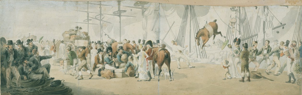 Joukkojen ja hevosten majoitus Margatessa (Englanti) noin vuonna 1800. John Augustus Atkinsonin (1775-1833) akvarelli (17,8x54 cm), 1800-luvun alku. tekijältä John Augustus Atkinson