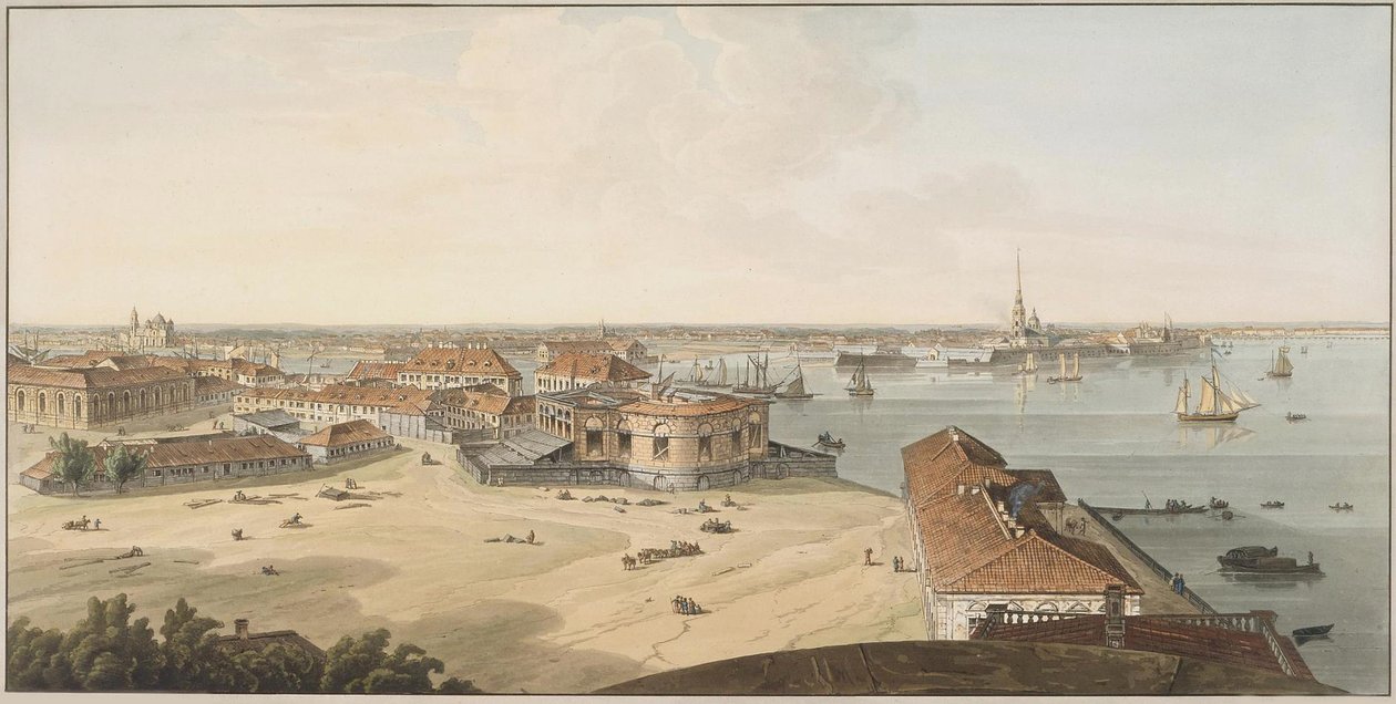 Näkymä Vasiljevskin saaren sylkeen ja Pietari-Paavalin linnoitukselle, vuosina 1802-1805 tekijältä John Augustus Atkinson
