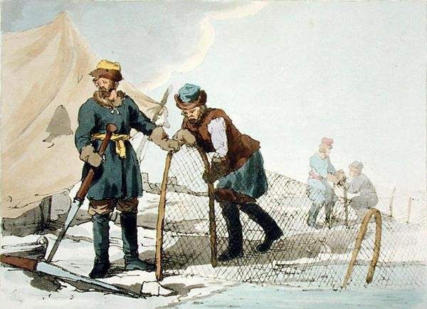 Talvikalastus, taiteilijan kaivertama, julkaistu 1804 (värilitho) tekijältä John Augustus Atkinson
