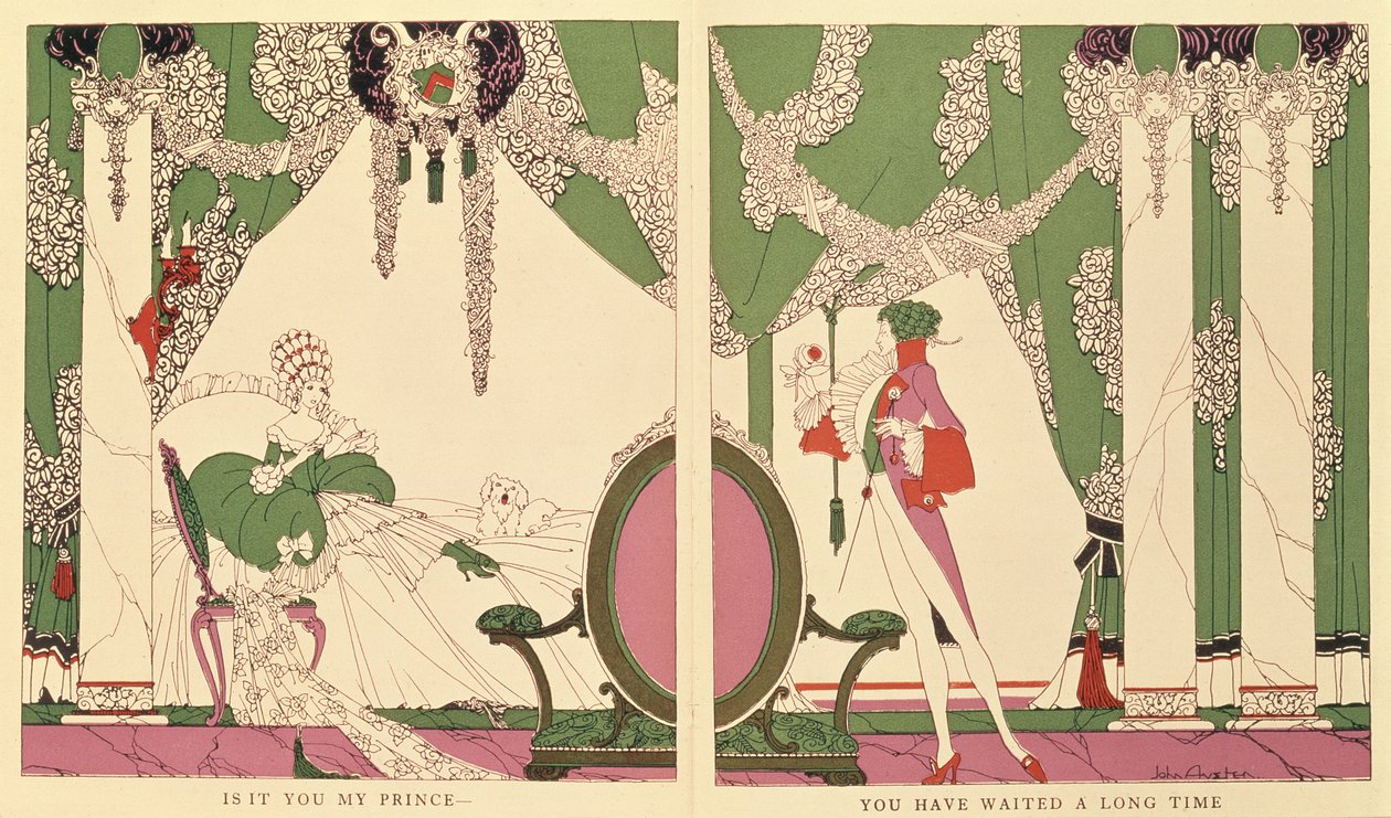 Prinsessa oleva kaunotar, kuvitus Charles Perraultin (1628-1703) "Tales of Times Passed" -teoksesta 1922 (värilitho) tekijältä John Austen