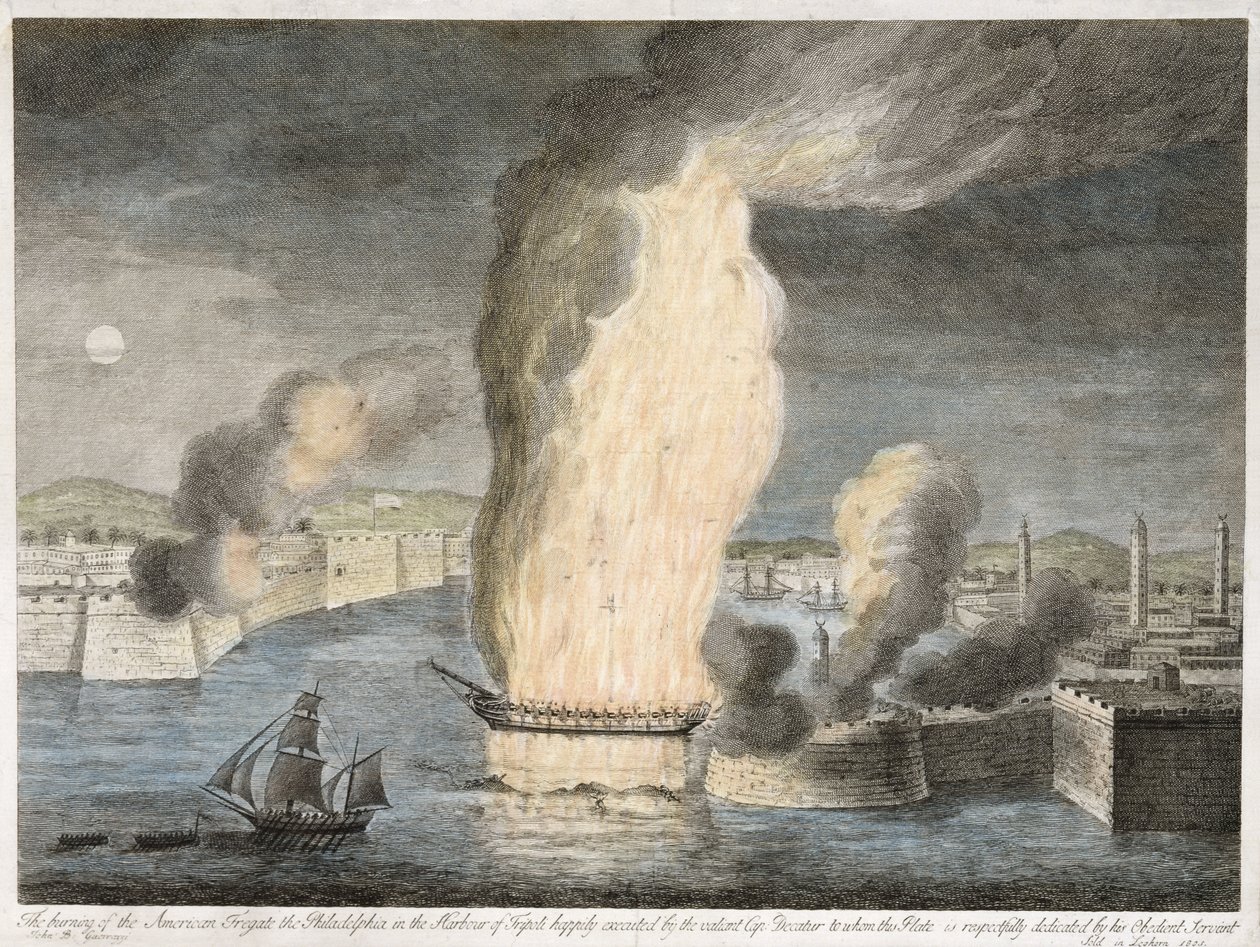 The Burning of the American Fregate [sic] the Philadelphia Tripolin satamassa, 1805 (käsinvärinen viivakaiverrus taidepaperille) tekijältä John B. Guerazzi