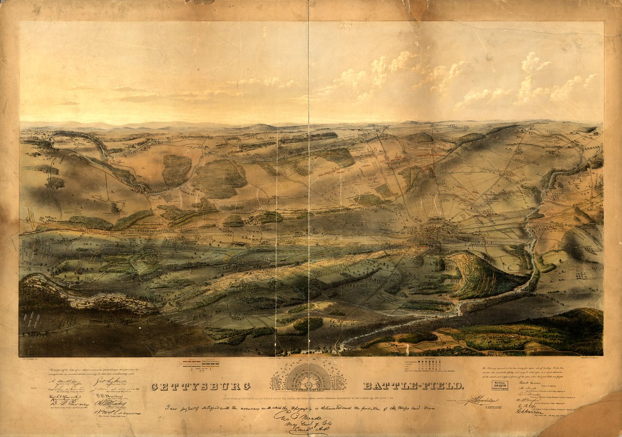 Gettysburgin taistelukenttä. Taistelu käytiin Gettysburgissa, Pa.:ssa 1., 2. ja 3. heinäkuuta 1863 liittovaltion ja konfederaation armeijan toimesta, vastaavasti kenraalin komentajana. G. G. Meade ja Genl. Robert E. Lee tekijältä John Bachelder