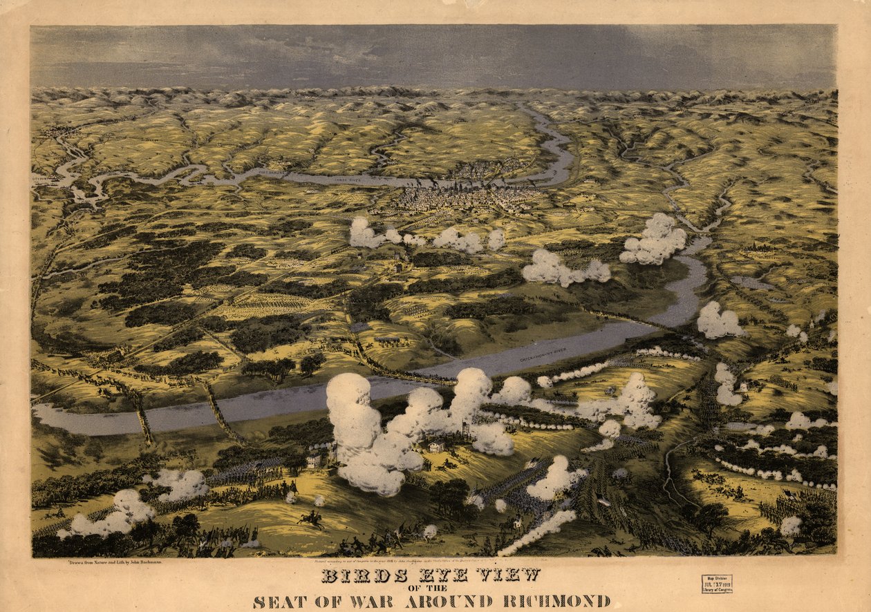 Lintuperspektiivistä katsottuna Richmondin ympärillä oleva sotapaikka ja Chickahominy-joen taistelu, 29. kesäkuuta 1862 LOC 99448489 tekijältä John Bachmann