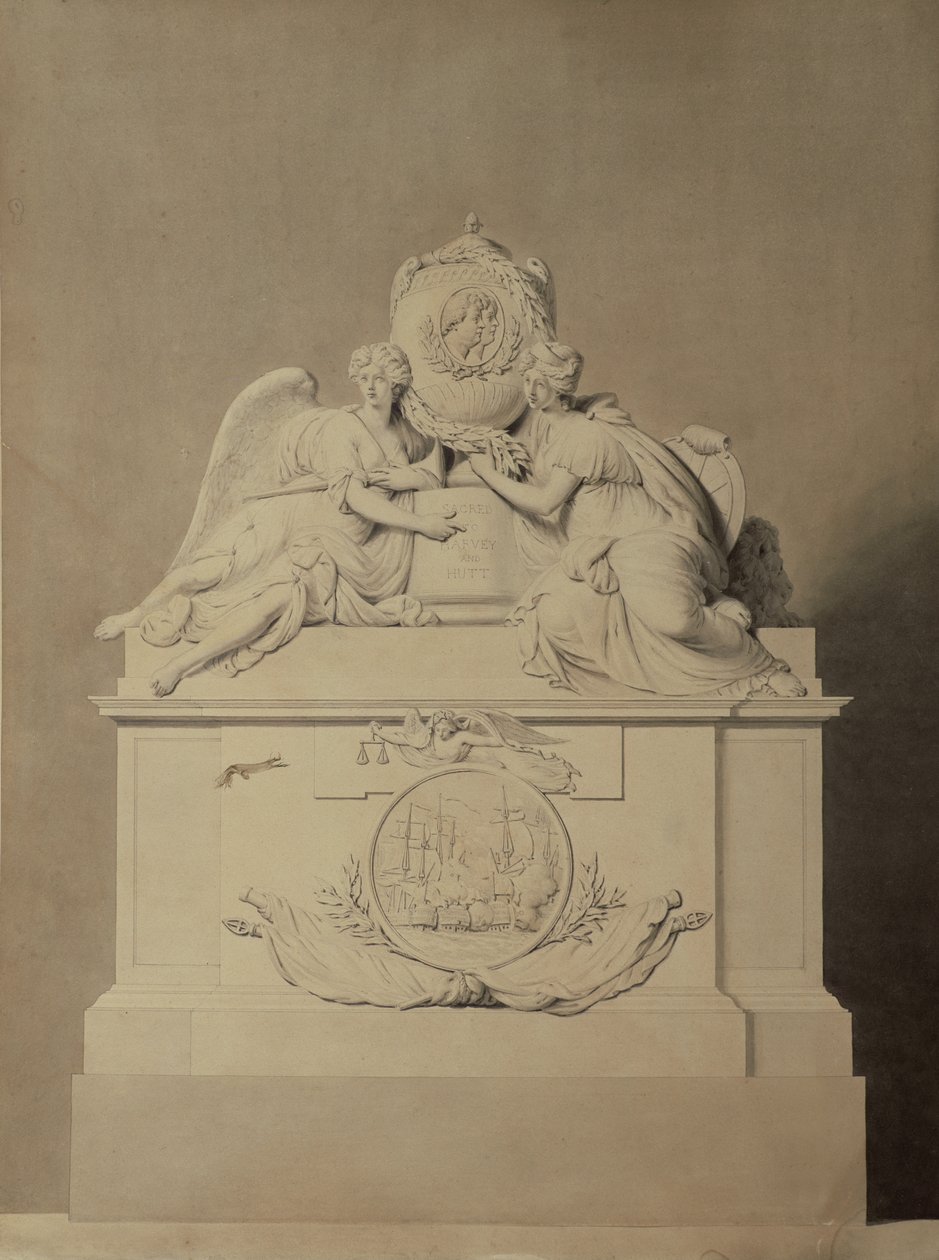 Suunnittelu kapteenit Harveyn ja Huttin muistomerkille Westminster Abbeyssa, n. 1804 tekijältä John Bacon
