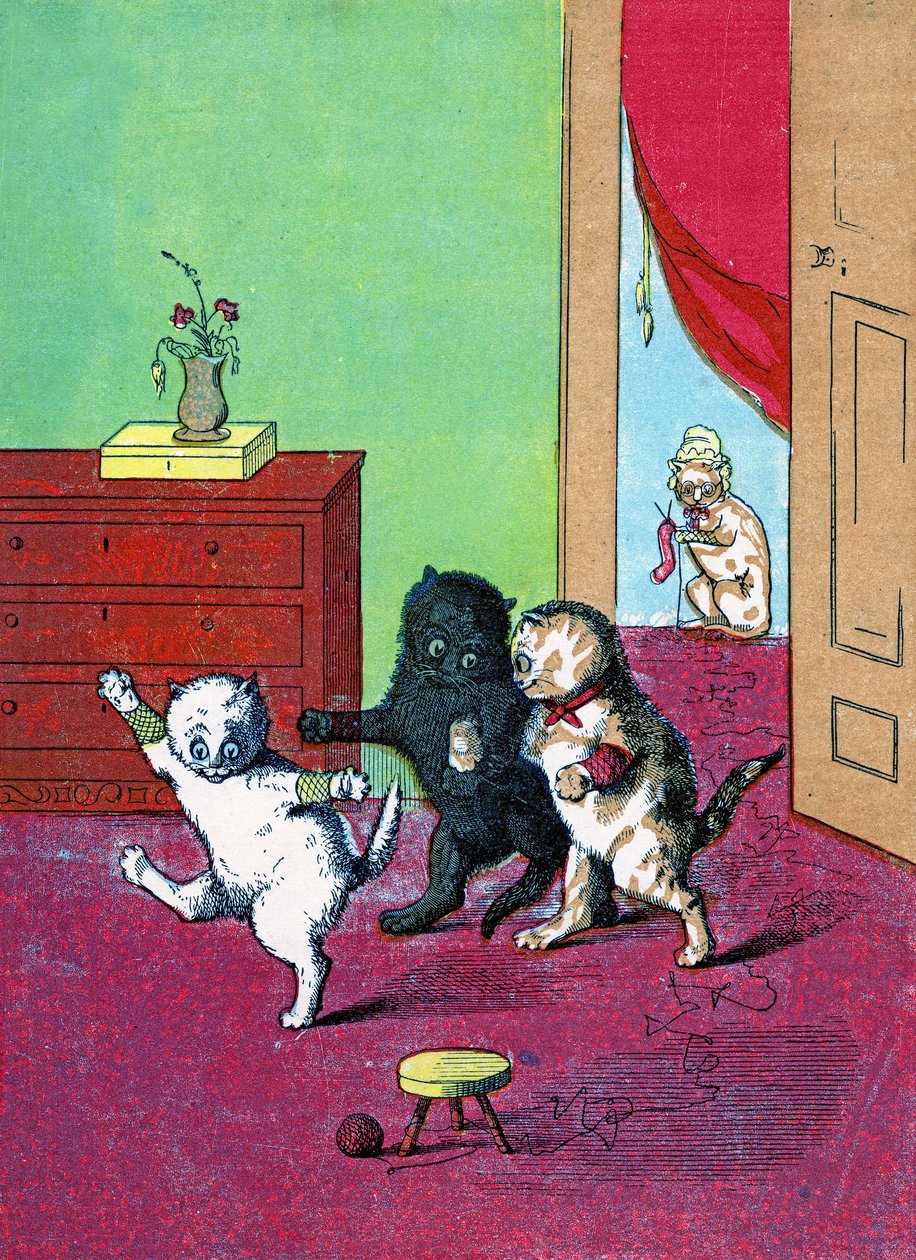 Kolme pientä kissanpentua lapasissa, kuvitus teoksesta "Three Little Kittens" 1859 tekijältä John Ballantyne