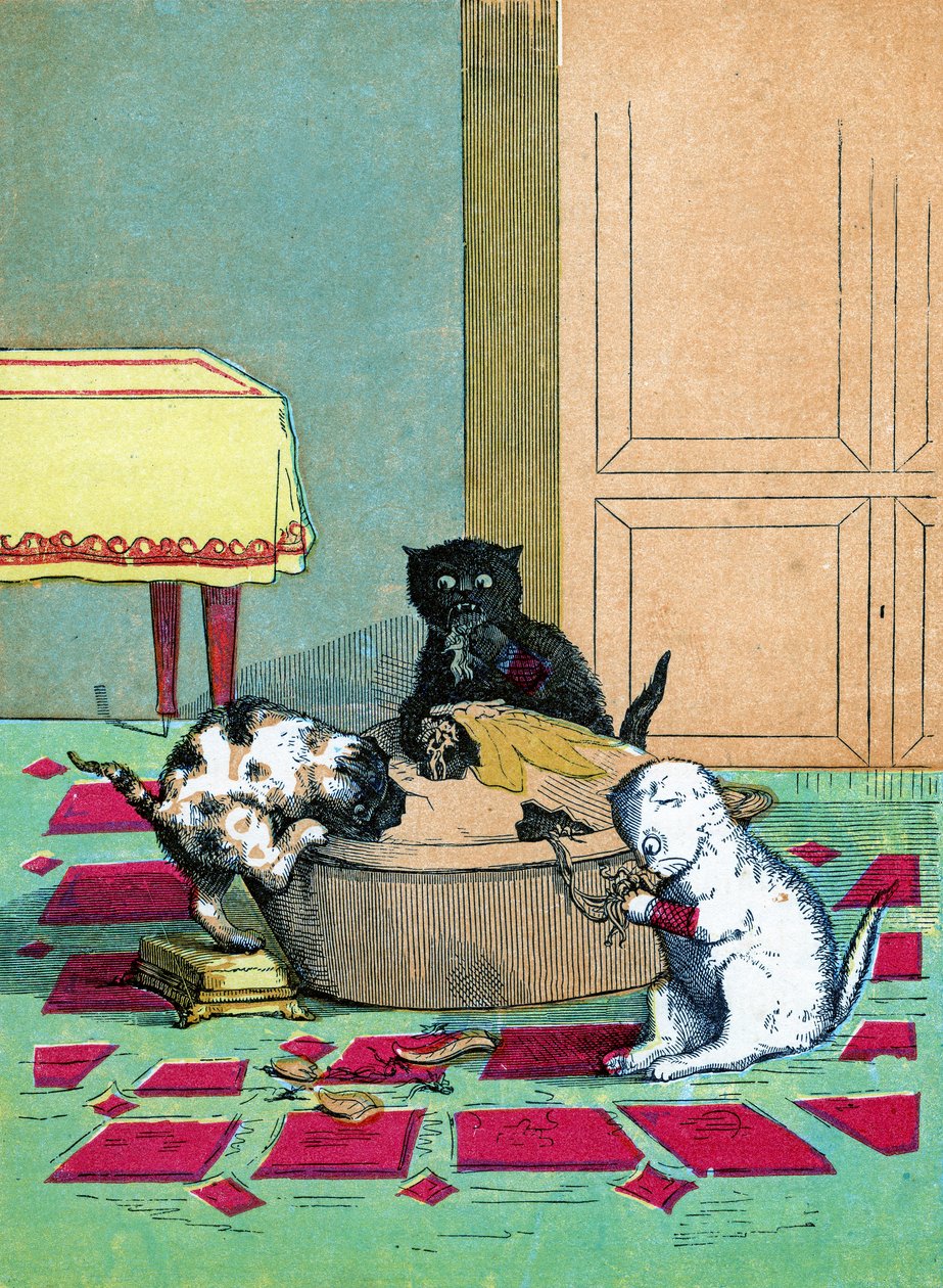 Kolme pientä kissanpentua lapasissa ja syö piirakkaa, kuvitus "Three Little Kittens" 1859 tekijältä John Ballantyne