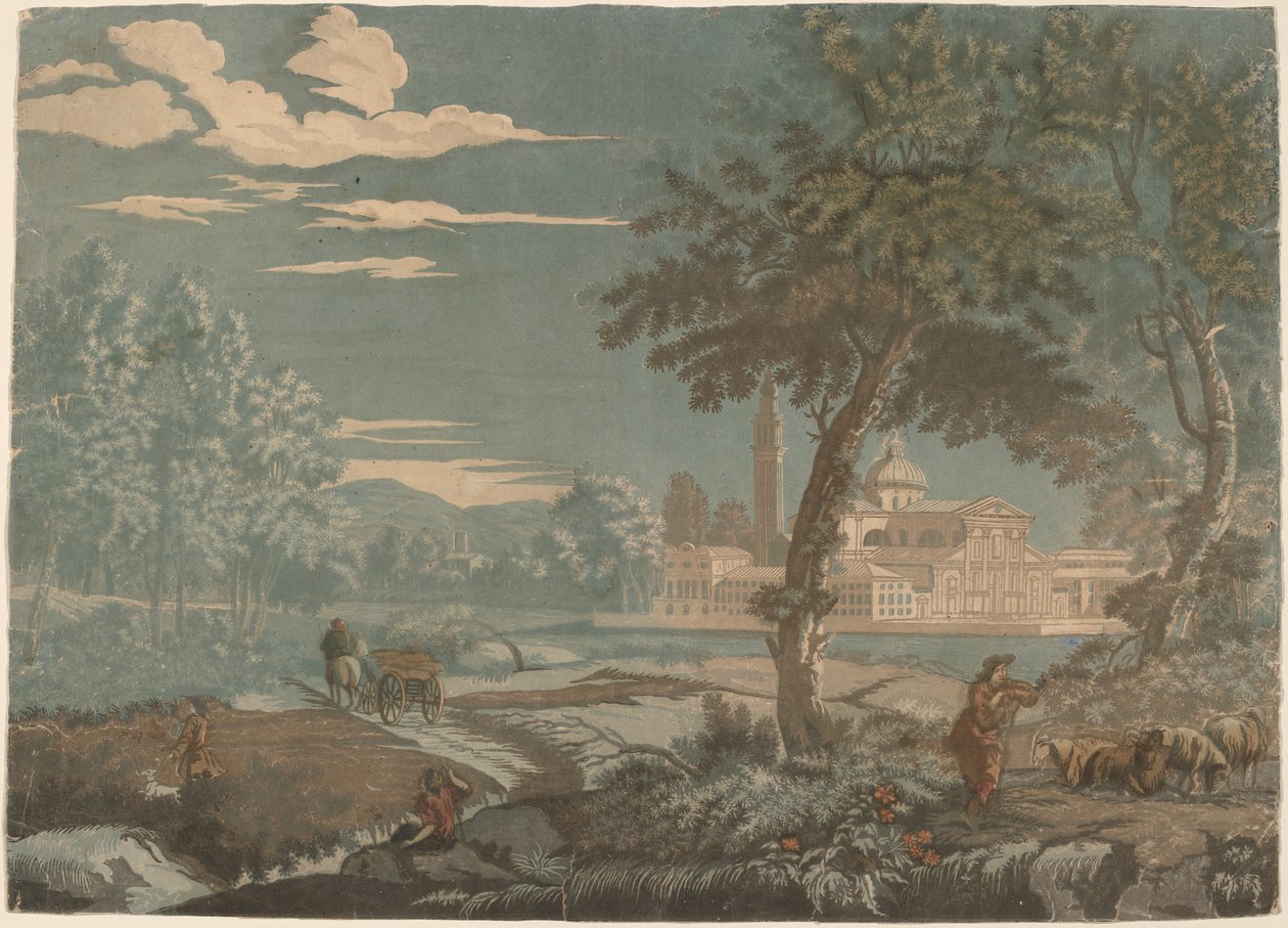 Sankarillinen maisema kärryn ja vuohipaimen kanssa, taustalla San Giorgio Maggiore tekijältä John Baptist Jackson after Marco Ricci