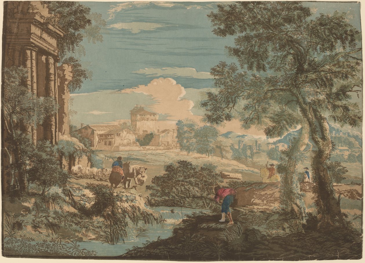 Sankarillinen maisema kalastajien, lehmien ja hevosmiesten kanssa tekijältä John Baptist Jackson after Marco Ricci