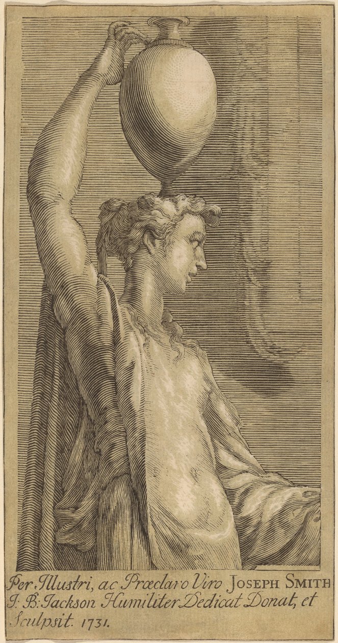 Nainen seisoo pitelee purkkia päässä tekijältä John Baptist Jackson, after Parmigianino