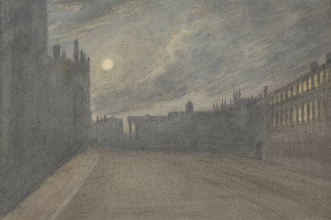 Broad Street, Oxford, täysikuu, 1790 (wc hiilen päällä ja grafiitti paperilla) tekijältä John Baptist Malchair