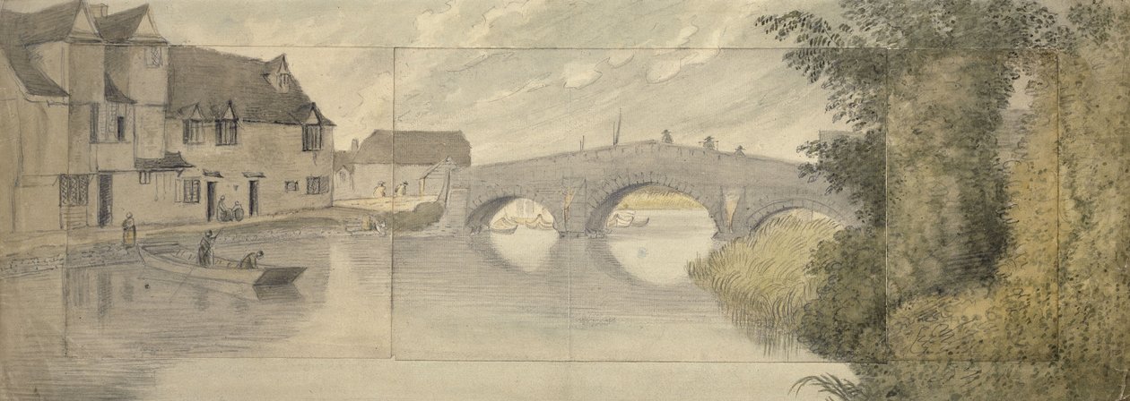 Hythe Bridge, Oxford, 1789 (akvarelli grafiitin päällä kolmelle paperiarkille liimattu suurelle arkille) tekijältä John Baptist Malchair