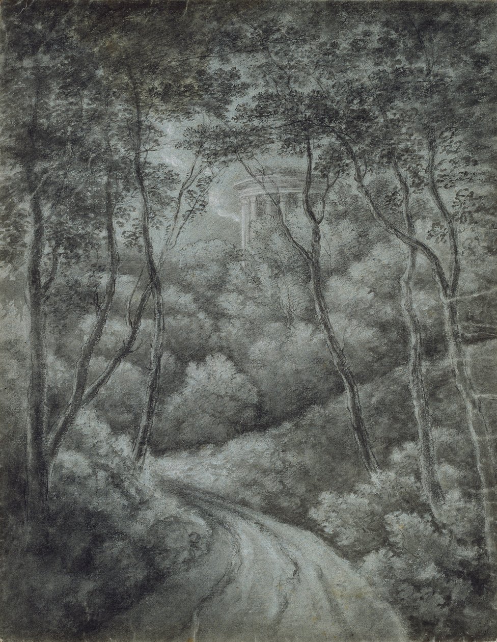 Maisema metsän läpi kulkevalla polulla ja klassisella temppelillä, 1700-luvun loppu. tekijältä John Baptist Malchair