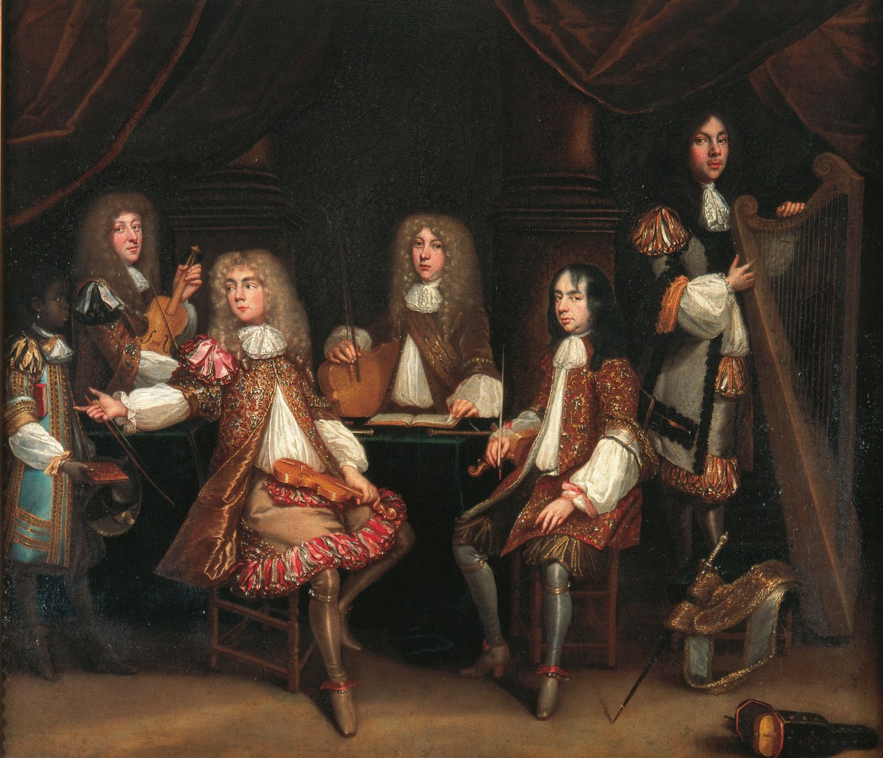 The Crimson Bedchamber, muotokuva ryhmä herrasmiehiä soittimilla, jonka perinteisesti sanotaan kuvaavan kuningas Kaarle II:n Cabal-ministeriötä (öljy kankaalle) tekijältä John Baptist de Medina