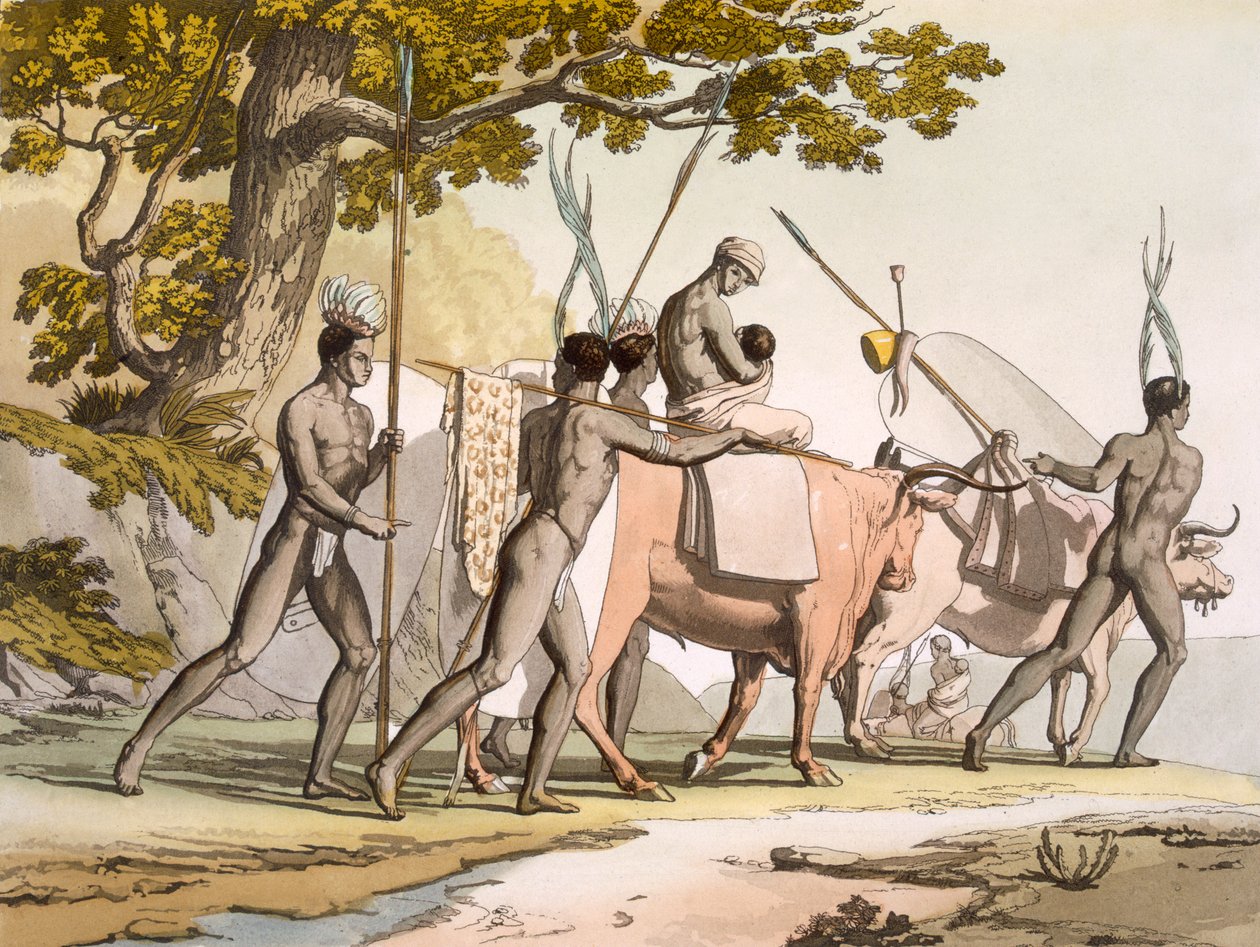 Vol II Pl.55 Korah Kapin hottentotit liikkeellä, teoksesta "Le Costume Ancien et Moderne", noin 1820-40. tekijältä John Barrow