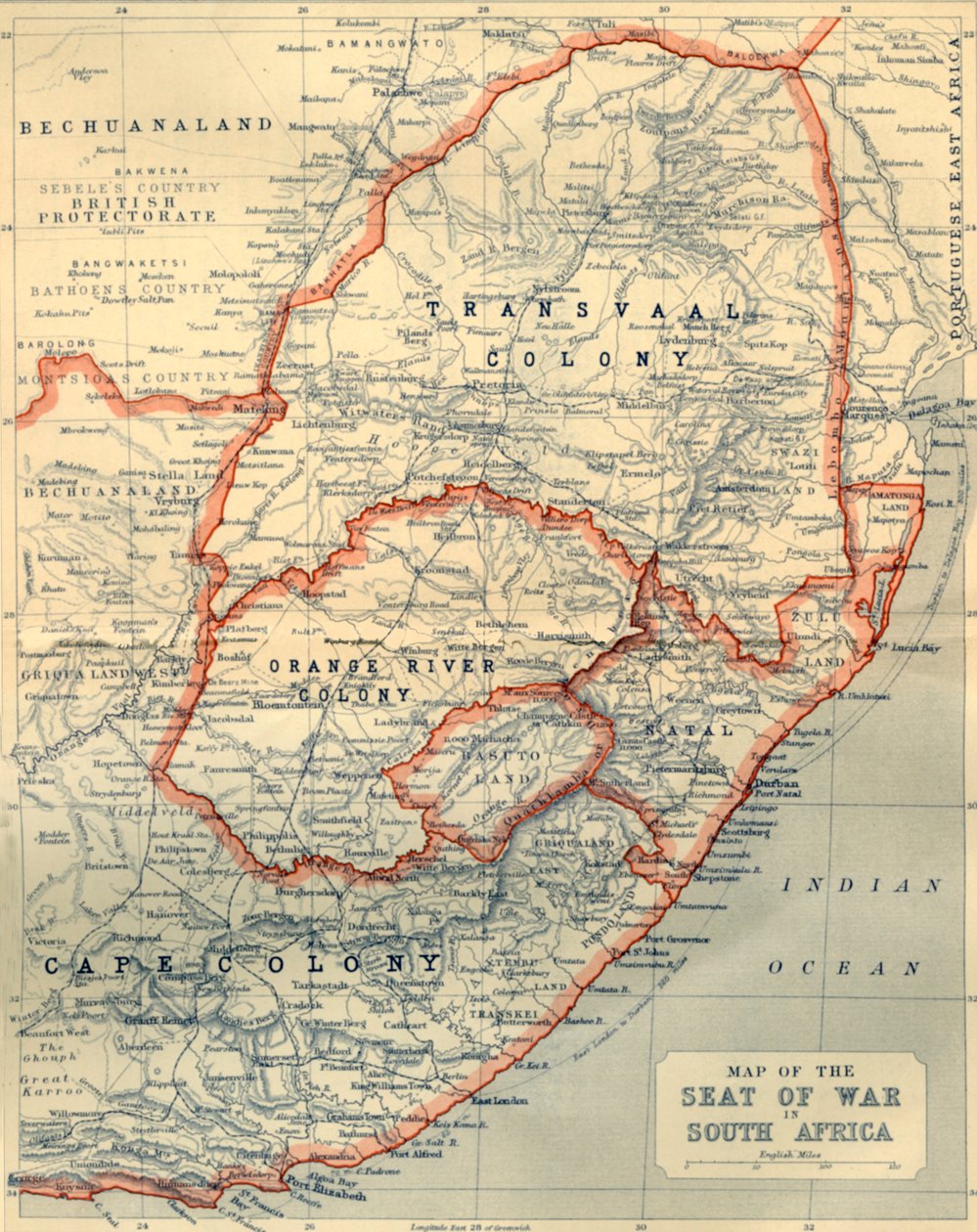 Etelä-Afrikan sotapaikan kartta, 1901. tekijältä John Bartholomew