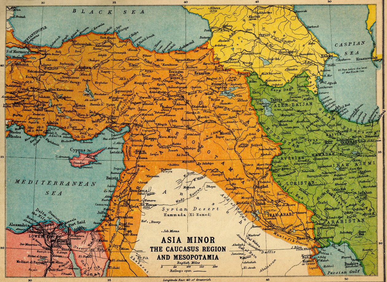 Vähä-Aasia, Kaukasuksen alue ja Mesopotamia, ensimmäinen maailmansota, 1915, 1920. tekijältä John Bartholomew and Son
