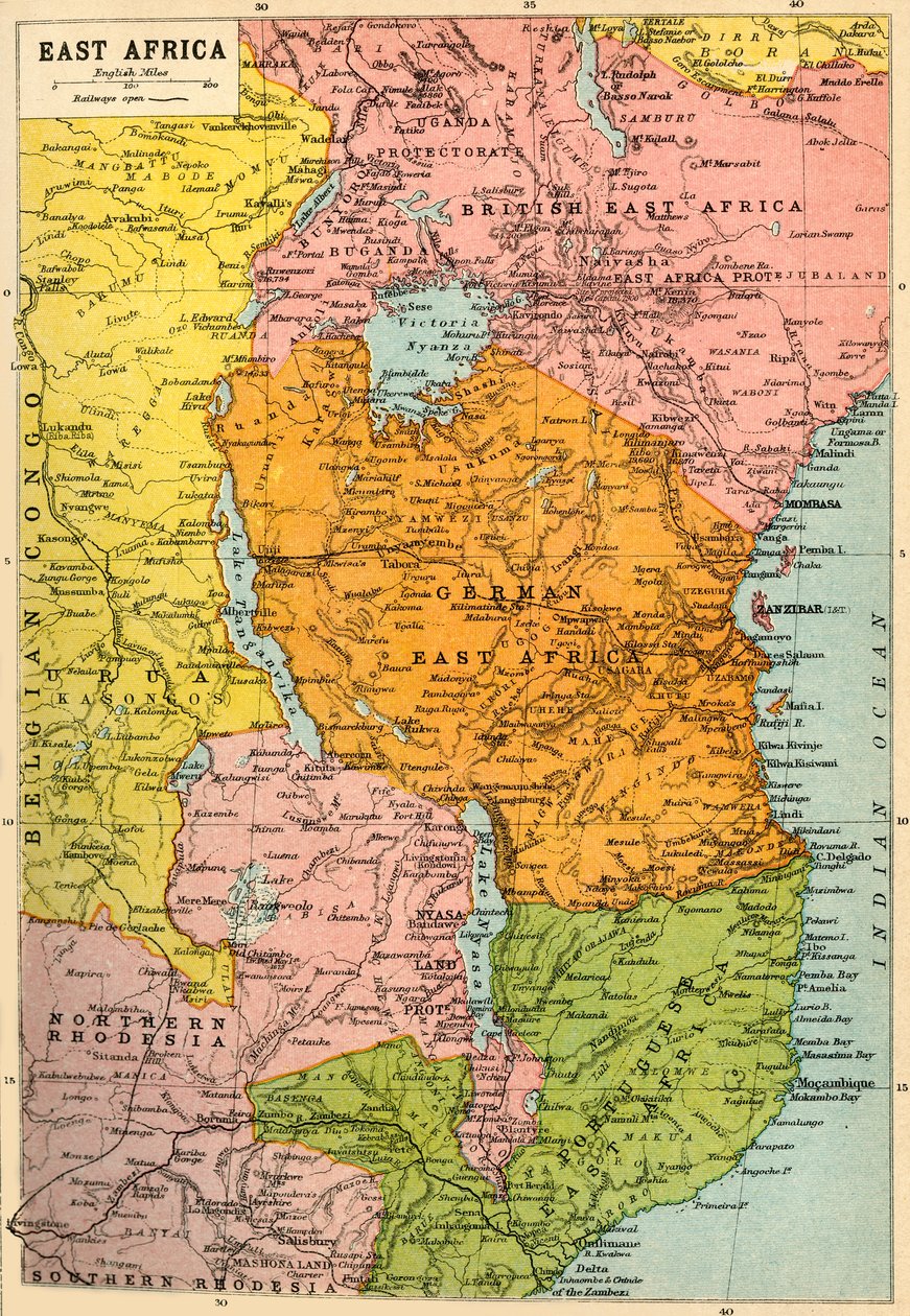 Itä-Afrikan kartta, ensimmäinen maailmansota, 1920. tekijältä John Bartholomew and Son