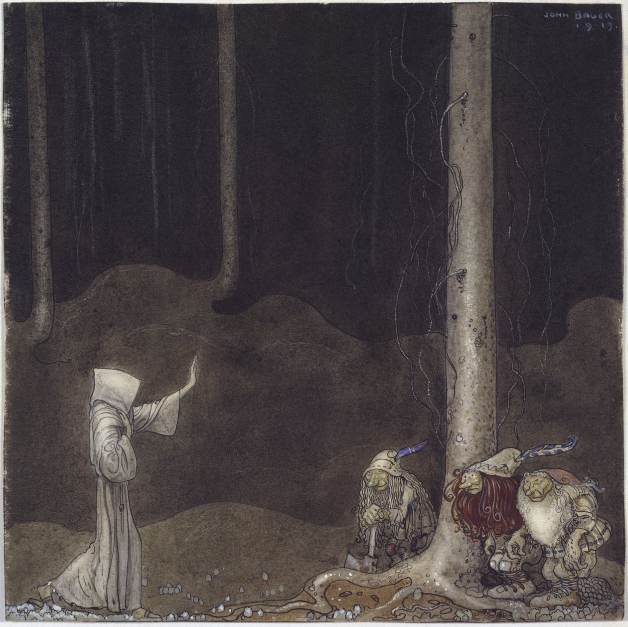 Frere Martin et les trois peikot - Brother Martin ja Three Trolls, kirjoittanut Bauer, John (1882-1918). Akvarelli paperille tekijältä John Bauer
