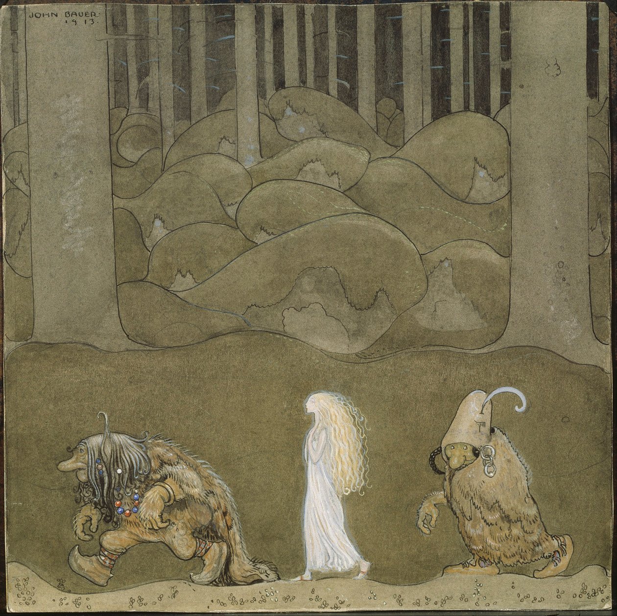 La Princesse et les Trolls - Prinsessa ja peikot - Bauer, John (1882-1918) - 1913 - Akvarelli, guassi paperille - 25x25 - Tukholman kansallismuseo tekijältä John Bauer