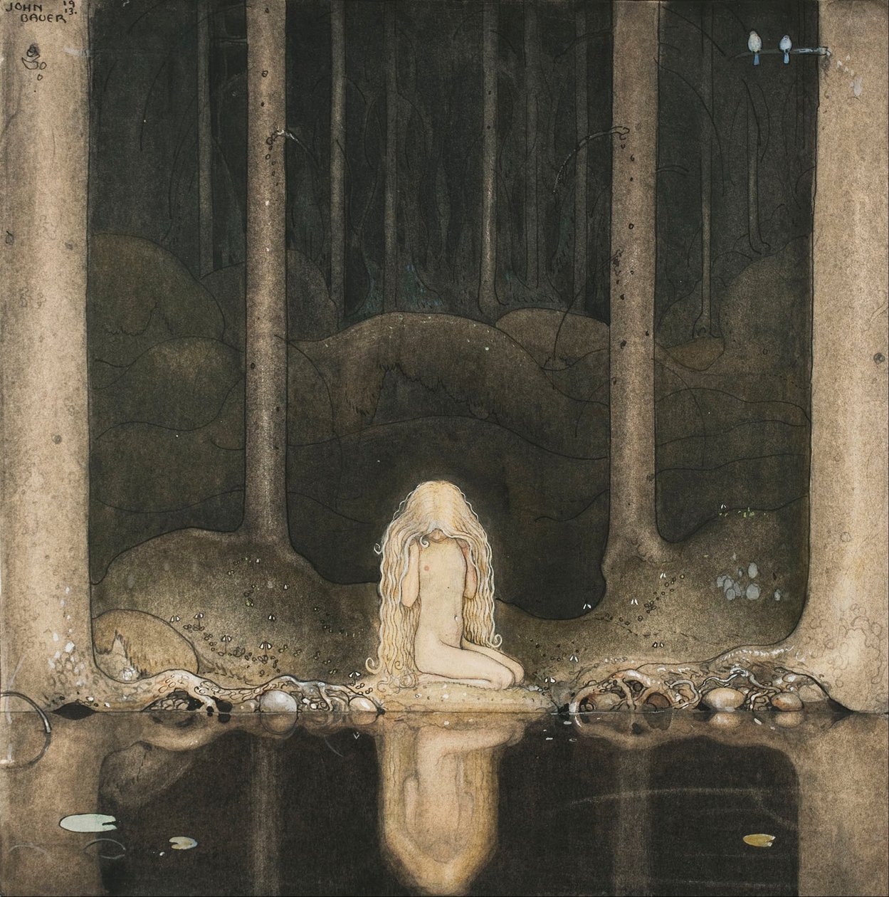 Prinsessa Tuvstarr istuu edelleen siellä haikeasti katsoen veteen, 1913 tekijältä John Bauer