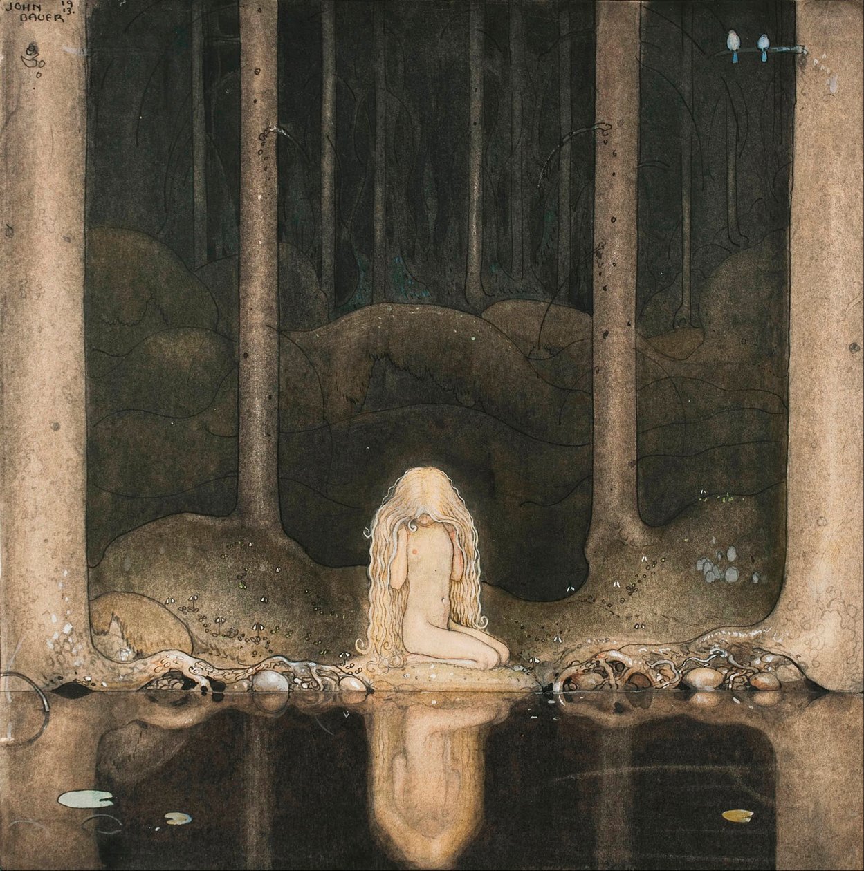 Prinsessa Tuvstarr katselee nostalgialla järven vettä tekijältä John Bauer