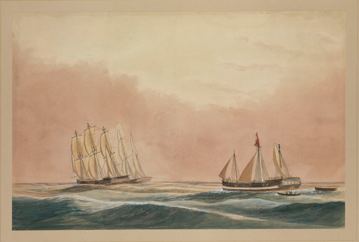 Futty Satam -alusta hinaamassa Mauritiukselle parakki "Otter" ja laiva "City of Poona" 1851, noin 1851 (vesiväri). tekijältä John Becket Hodgson