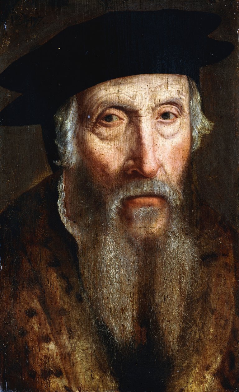 Muotokuva parrakkaasta miehestä, rinnan pituus, turkisleikatussa takissa ja mustassa hatussa, n. 1547 tekijältä John Bettes