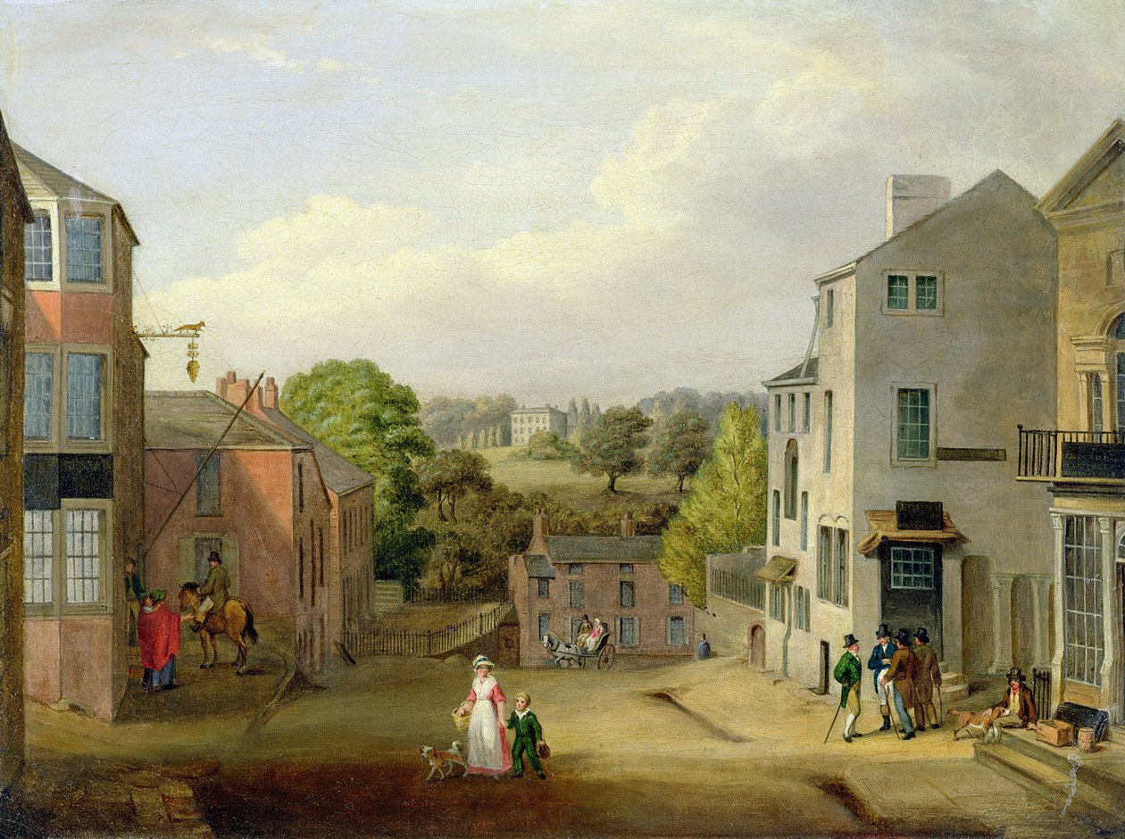 Katukuva Chorleyssa, Lancashire, näkymä Chorley Halliin, n. 1790-1817 tekijältä John, Bird