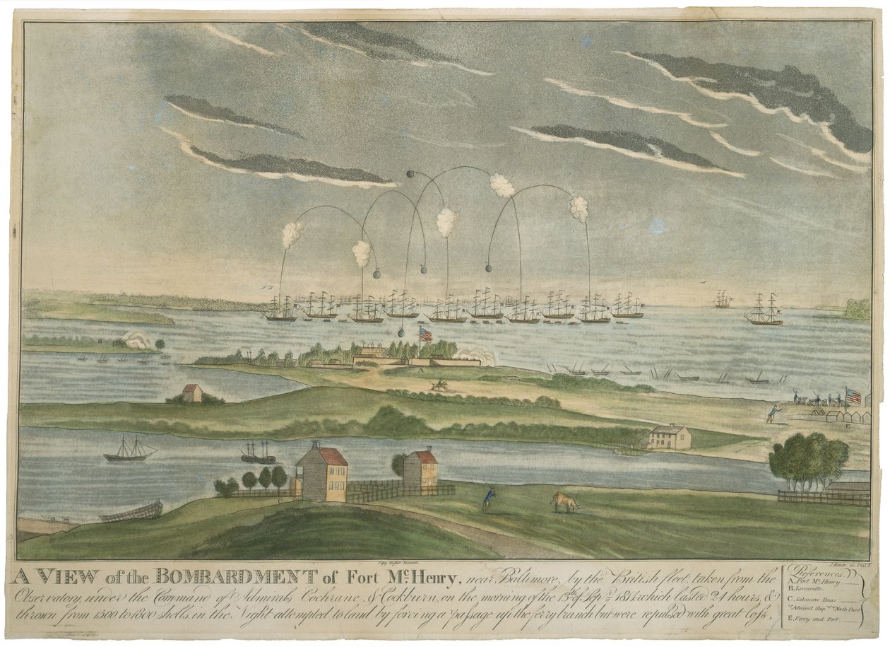 Näkymä Fort McHenryn pommituksesta, c. 1815 (käsinvärinen akvatinta kudospaperilla) tekijältä John Bower