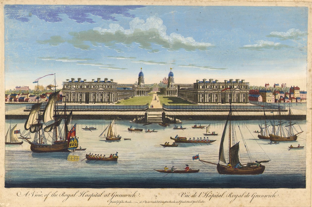 Näkymä Greenwichin kuninkaallisesta sairaalasta, noin 1770 (värillinen etsaus). tekijältä John Bowles