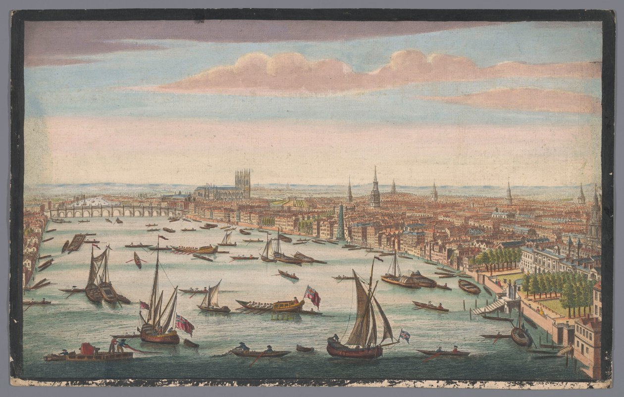 Näkymä Thames-joelle ja Lontoon Cityyn luoteesta Westminsterin kaakkoisnäkymä Somerset Housesta Westminster Bridgelle (otsikko esineessä) tekijältä John Bowles