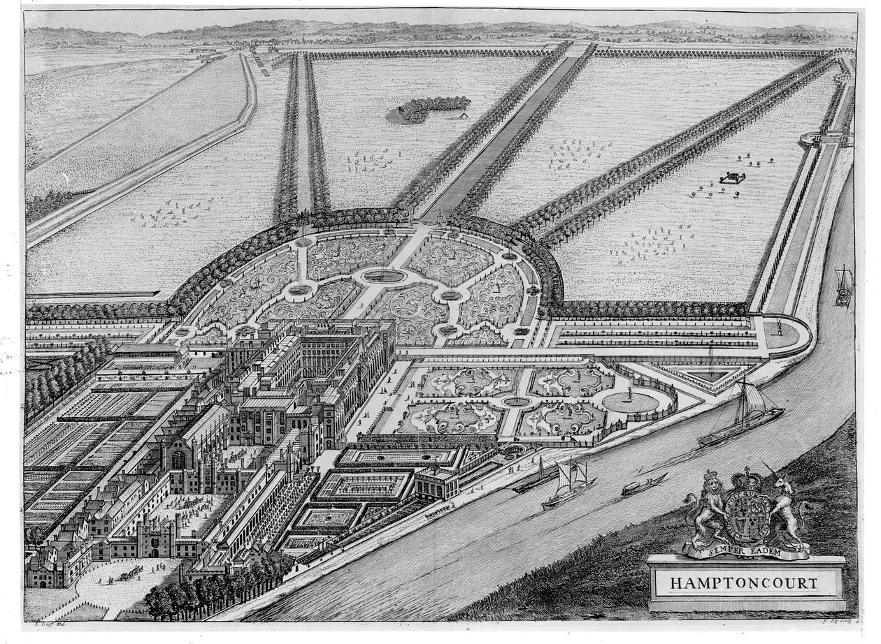 Hampton Courtin palatsi, n. 1714–1716 tekijältä John Bowles
