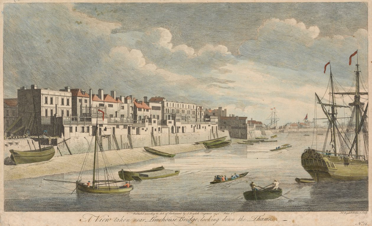 Näkymä Limehouse Bridgen läheltä Thamesia alavirtaan tekijältä John Boydell