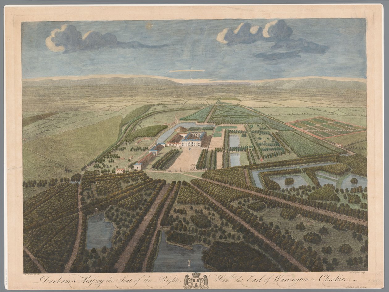 Gezicht op Dunham Massey Cheshiressä Dunham Massey oikeanpuoleisen kunnan istuin, Earl of Warrington Cheshiressä (otsikko esineessä) tekijältä John Boydell