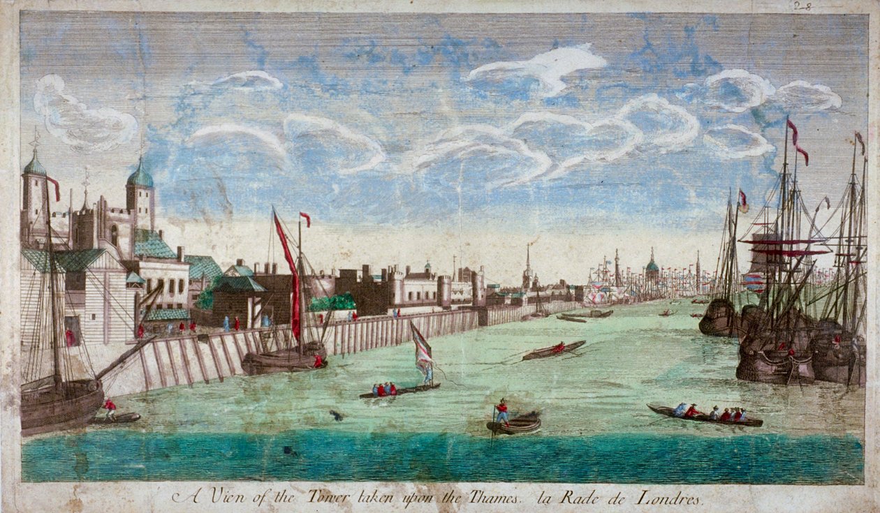 Näkymä Lontoon Towerista veneillä Thames-joella, 1751 tekijältä John Boydell