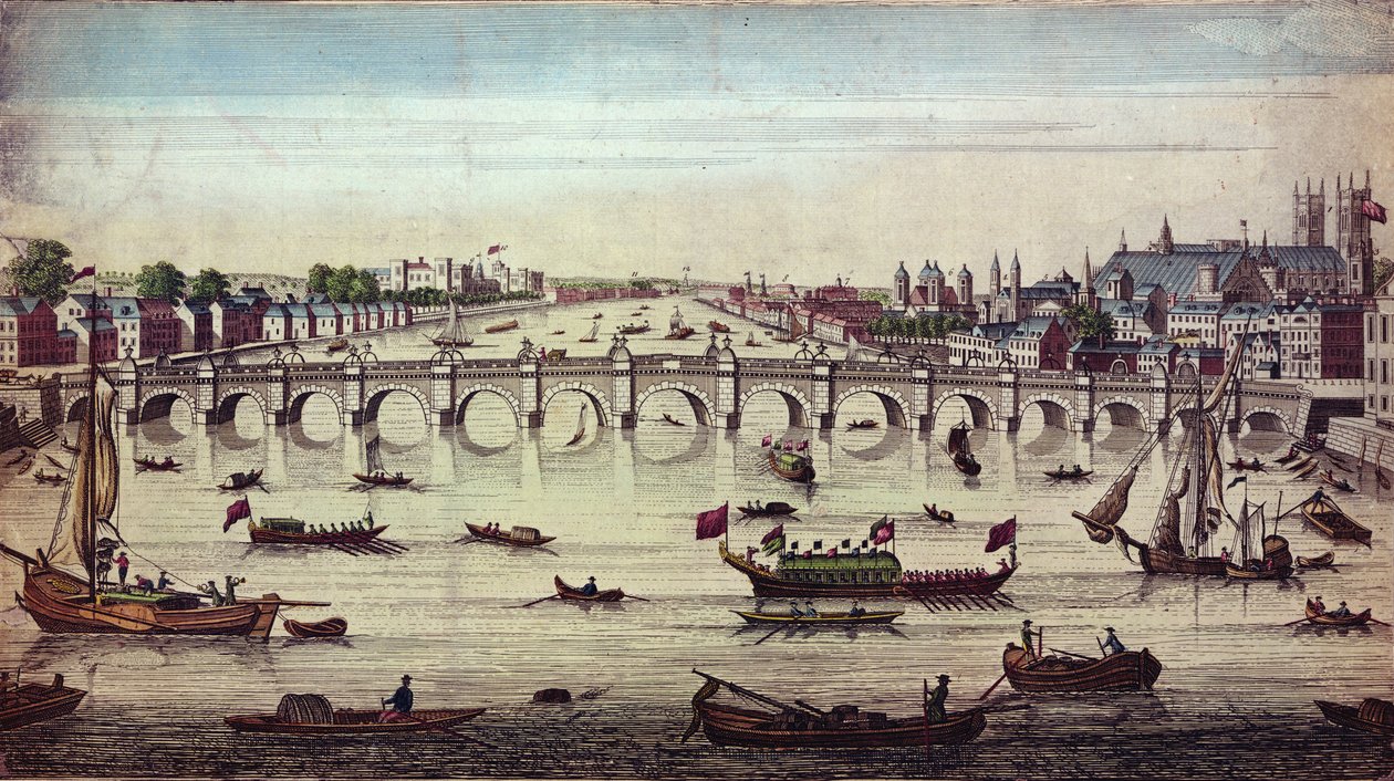 Westminster Bridge, joka katsoo länteen, julkaissut J. Bowles, 1747 tekijältä John Boydell