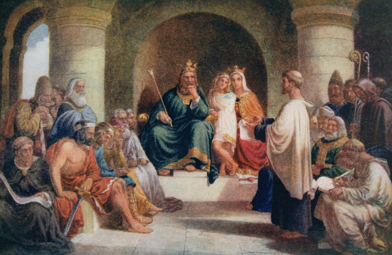 Kuningas Alfred (849-99) esittelee lakinsa Witanille, kuvitus julkaisusta "Suurten miesten kertomat suuret ihmiset", toimittanut Richard Wilson, noin 1920-luku tekijältä John Bridges