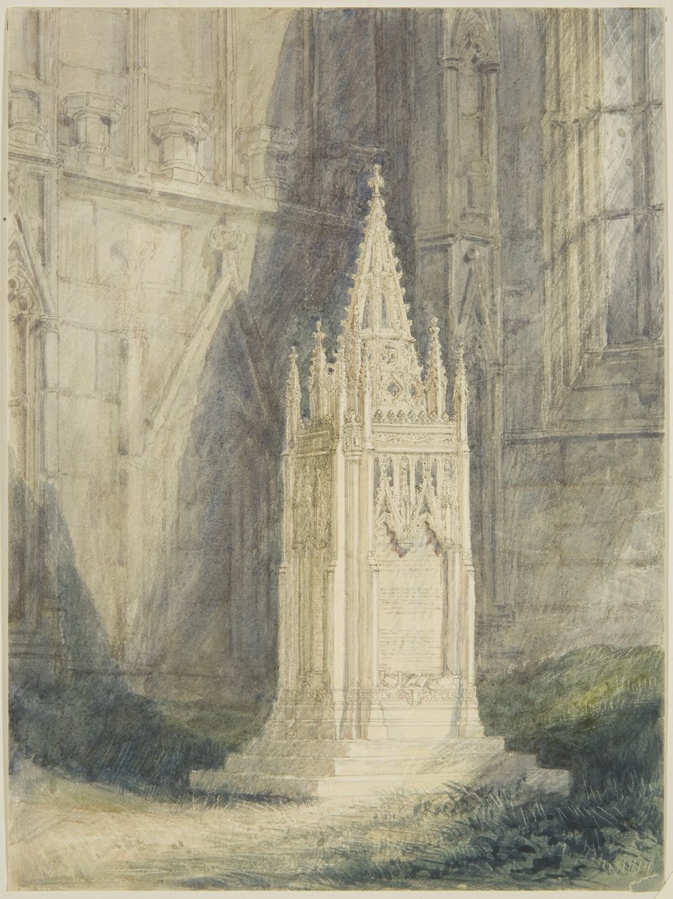 Suunnittelu Chatterton Cenotaphille St Mary Redcliffe -kirkossa (akvarelli ja vartaloväri lyijykynällä, liidulla ja raapimalla, paperille) tekijältä John Britton
