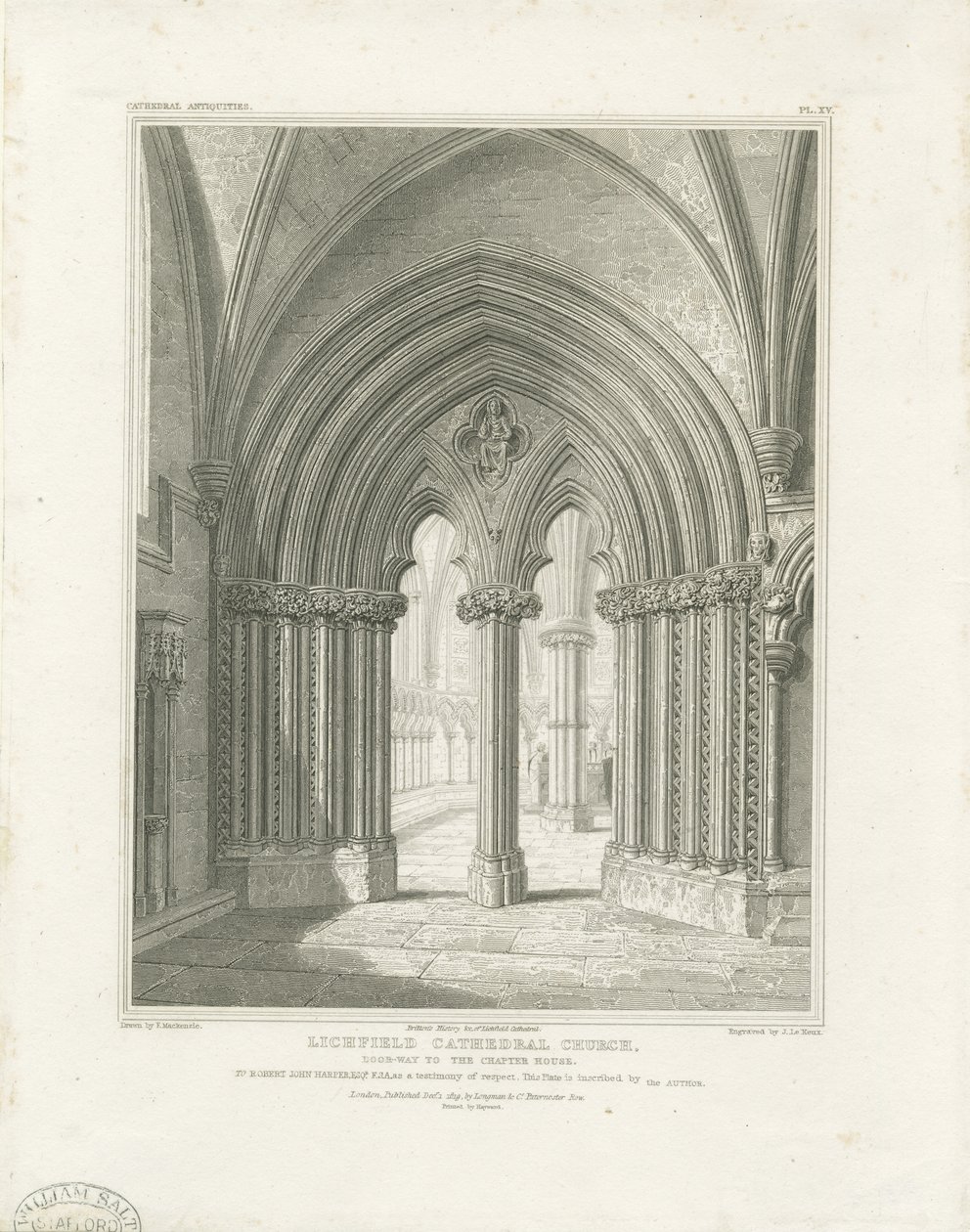 Lichfieldin katedraalin sisätilat - Kapitaalitalon oviaukko: kaiverrus, nd [c 1819] (tulostus) tekijältä John Britton