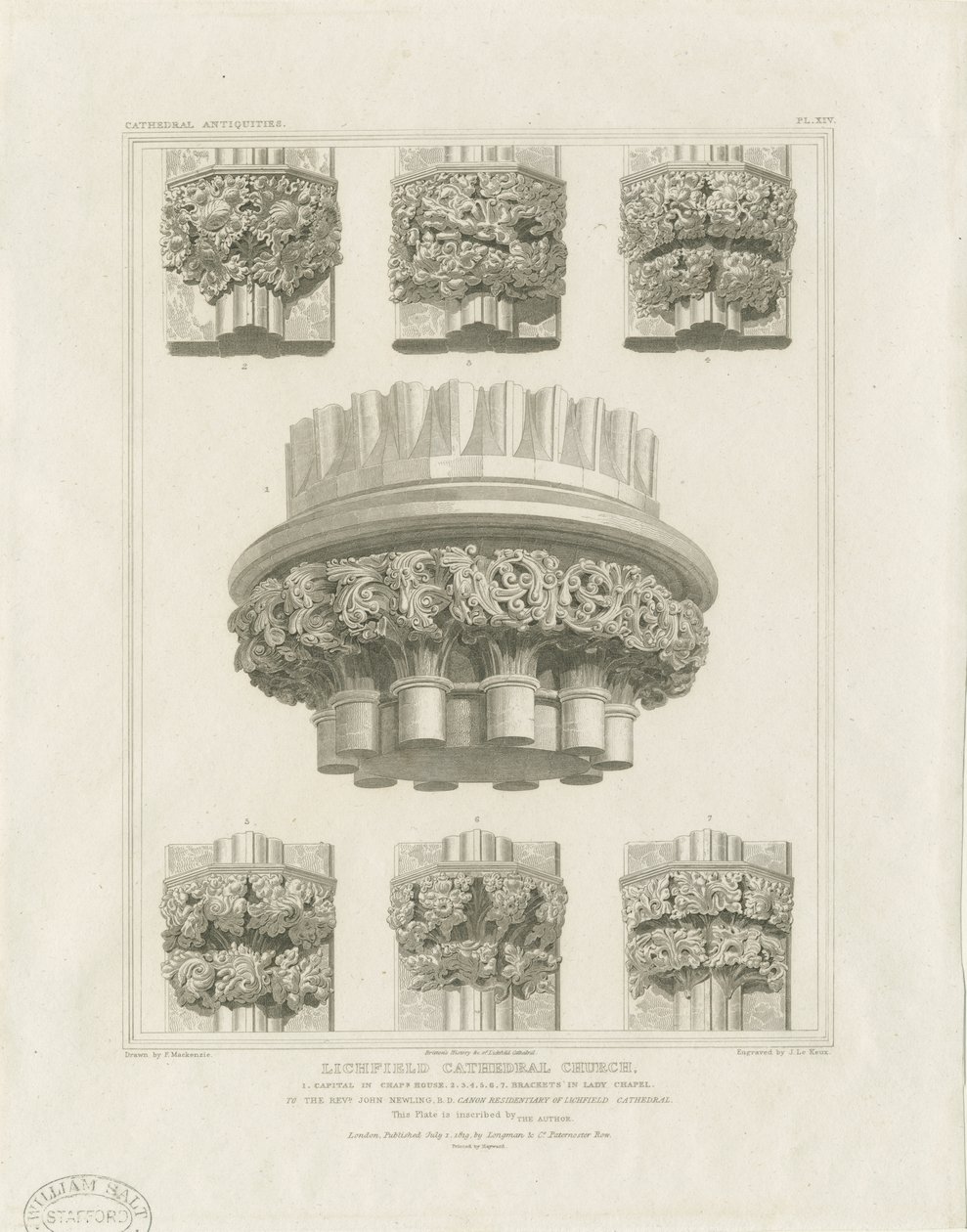 Lichfieldin katedraalin sisätilat - kappelihuoneen pylväs ja Lady Chapelissa olevat kannattimet: kaiverrus, nd [n. 1819] (vedos) (kuva) tekijältä John Britton