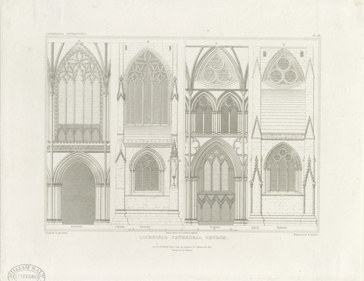 Lichfieldin katedraalin sisustus - nave ja kuoro: kaiverrus, nd [c 1819] (tulostus) tekijältä John Britton