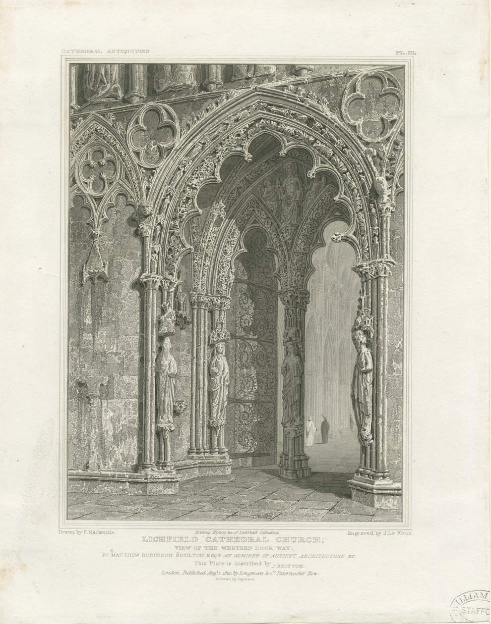 Lichfield Cathedral - West Door: kaiverrus ja [c 1820] tekijältä John Britton