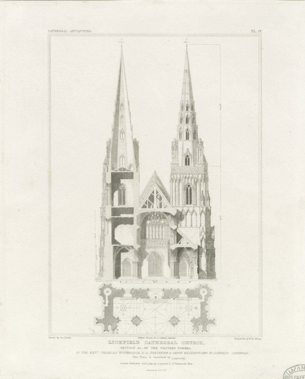 Lichfield Cathedral - West Front: kaiverrus, nd [c 1819] tekijältä John Britton