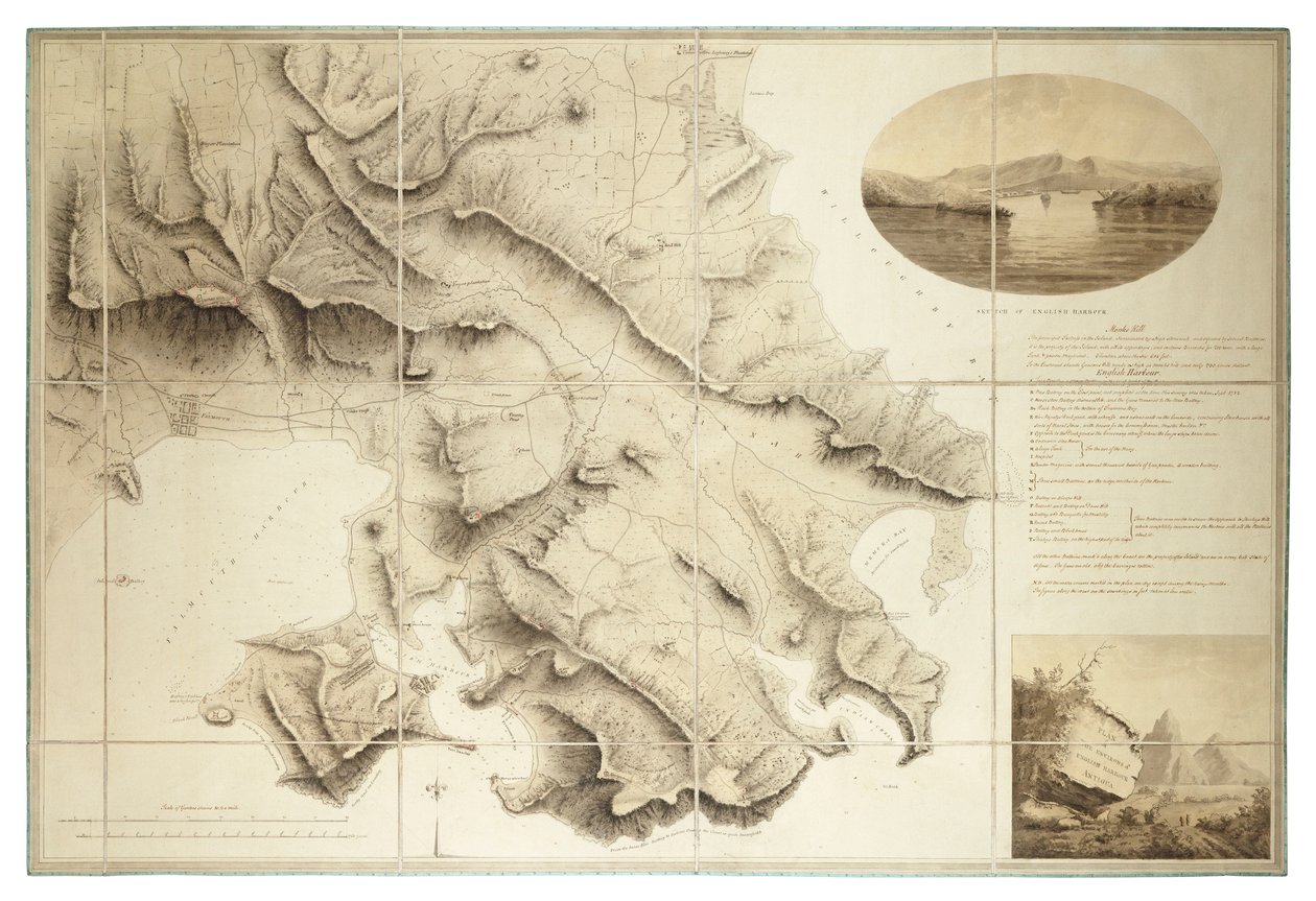 Suunnitelma English Harbourin ympäristöstä, Antigua, n.1782 (tussi ja tussi, segmentoitu ja taustoitettu) tekijältä John Brown