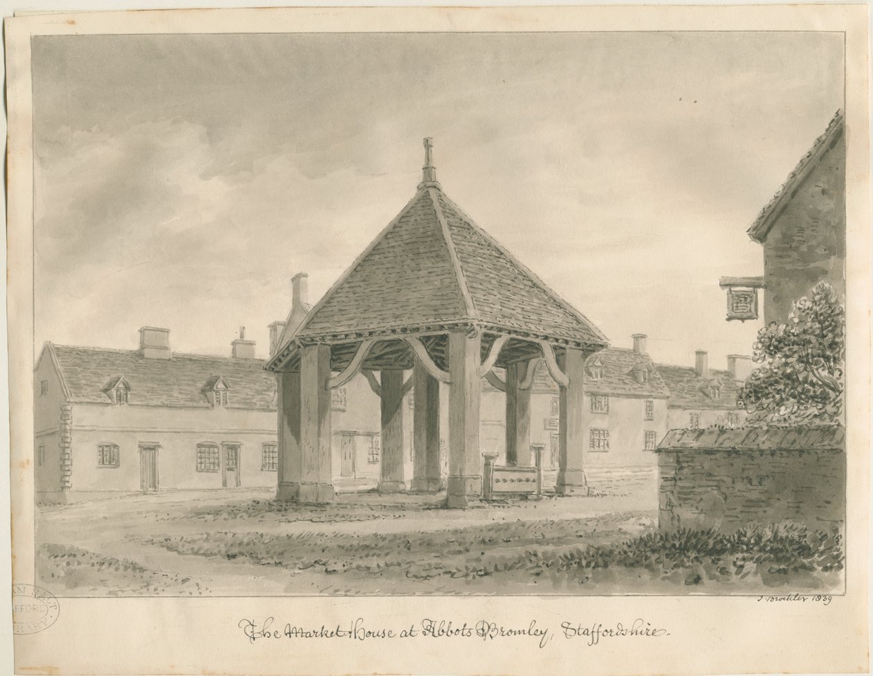 Abbots Bromley - Market House and Stocks: seepiapiirros, 1839 tekijältä John Buckler